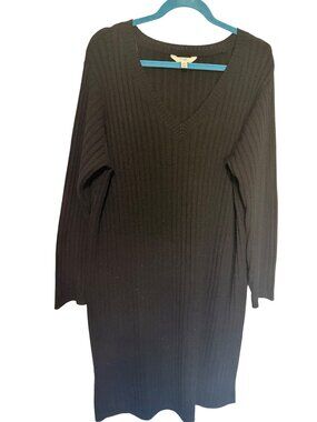 Terra & Sky Sweater Dress Black Ribbed V Neck Womans 2X